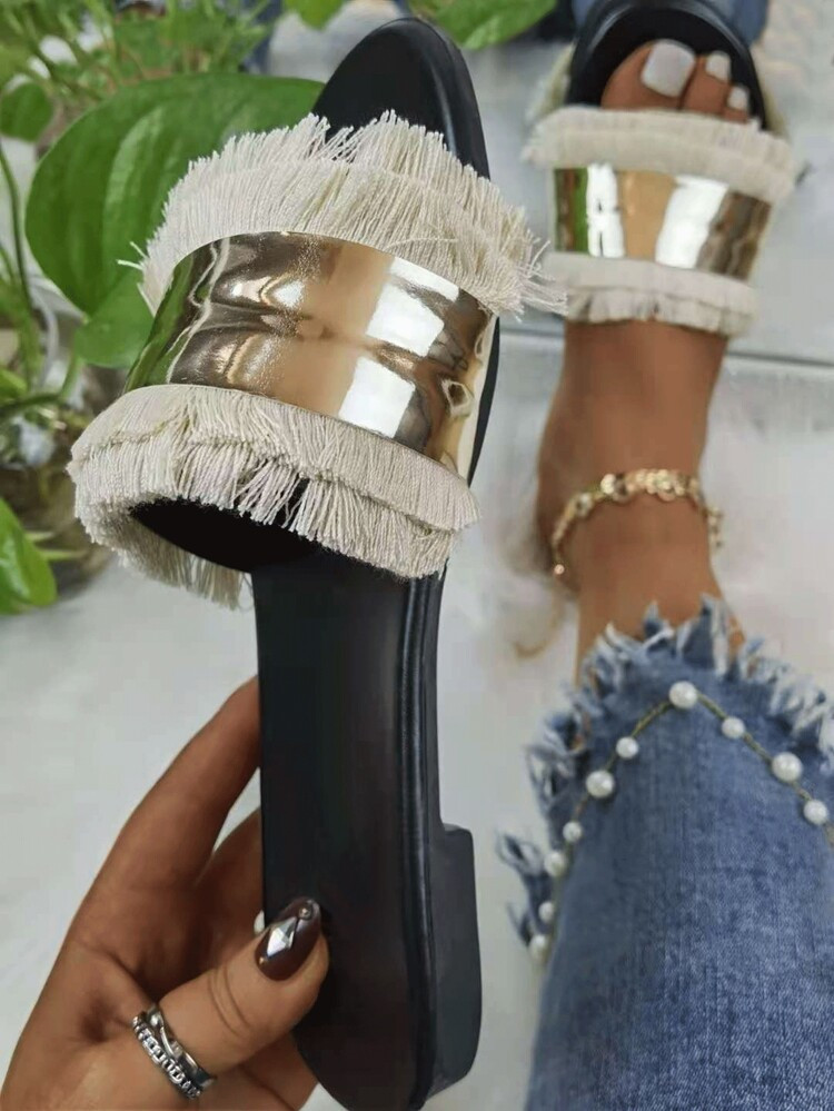 Metal Decor Fringe Design Slide Sandals | SHEIN