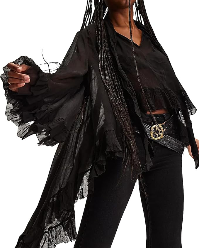 Seyumixi Women Long Bell Sleeve Frill Top See Through Sheer Mesh Blouse High Low Hem Ruffled Sexy... | Amazon (US)