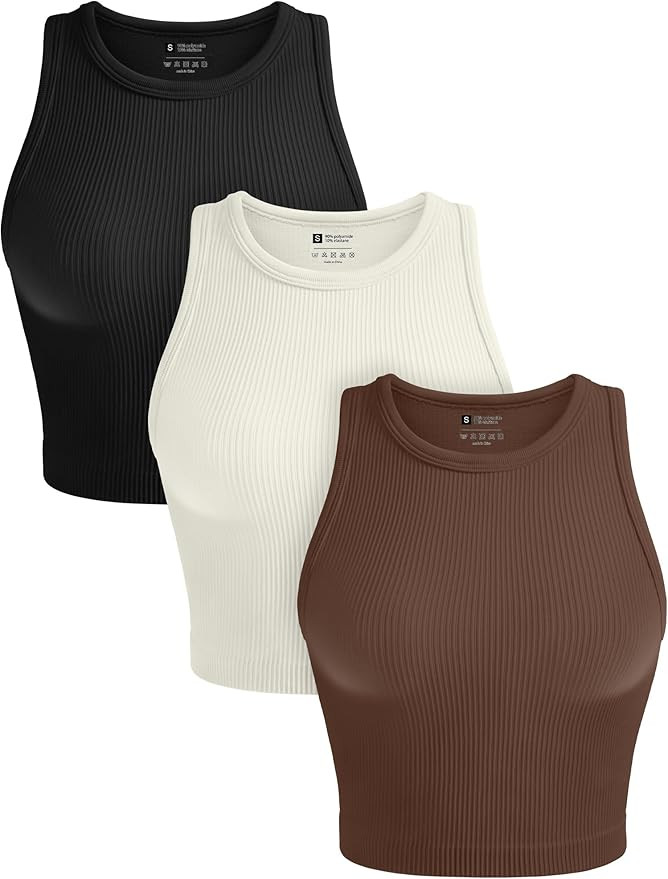 OLCHEE Womens 3 Pack Crop Tank Tops Basic Seamless Ribbed Round High Neck Racerback Workout Top S... | Amazon (US)