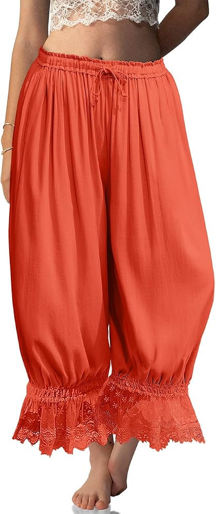 TARSE Women Linen Lace Trim Long Bloomers Pants Ruffle Victorian Vintage Pantaloons Summer Beach ... | Amazon (US)