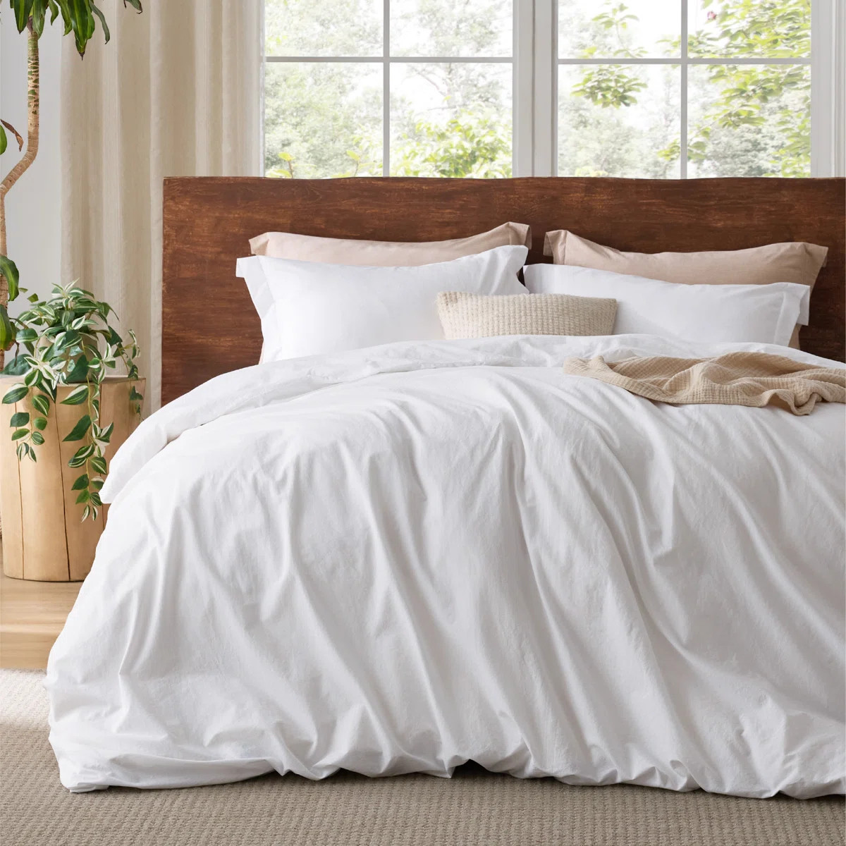 Bedsure 100% Washed Cotton Duvet Cover Queen Set - Bright White Minimalist Cotton Duvet Cover Lin... | Wayfair North America