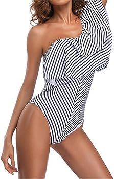 Womens One Shoulder Stripe Ruffle One-Piece Swimwear Backless Swimsuit Monokini | Amazon (US)