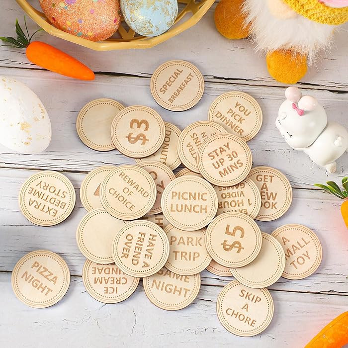 CypherX Easter Egg Fillers- Wooden Easter Reward Tokens, Easter Prizes Stuffers Coins, Family Nig... | Amazon (US)