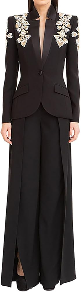 Women's Suit Beaded Diamonds Flower Stand Collar Single Button Blazer Wide Leg Pants Set 2PCS Par... | Amazon (US)