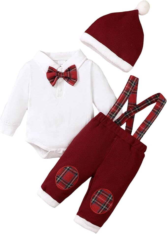 Thorn Tree Baby Boy Clothing Sets Long Sleeve Santa Embroidery Romper with Plaid Overalls and Hat... | Amazon (US)