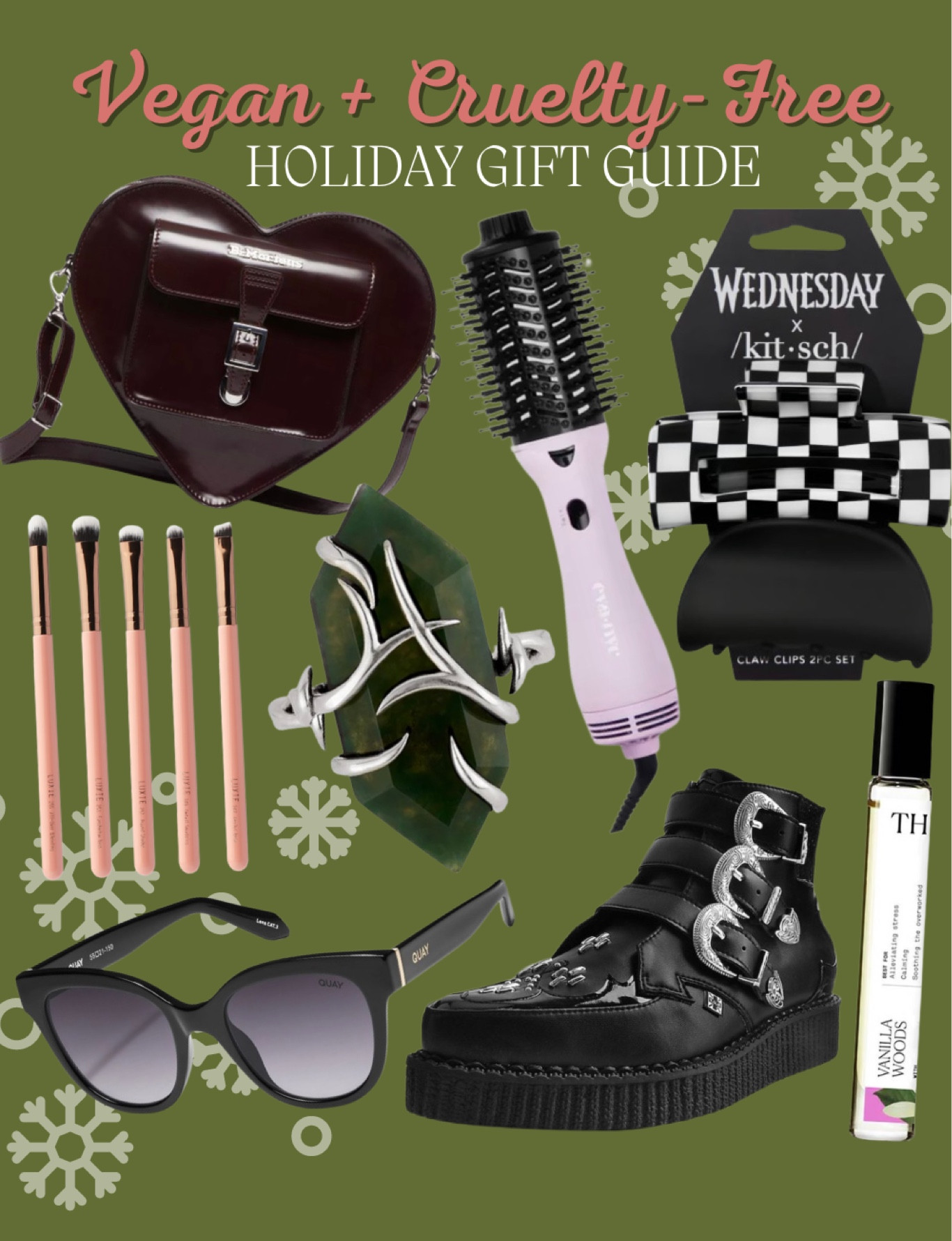 Vegan + Cruelty-Free Holiday Gift Guide!! 🎁 I have a full gift guide up on my website but here are a few of my favorites. Some of these are on my wishlist and some are my absolute fav products that I would recommend! 🖤

Dr. Marten’s Heart Shaped Backpack
Eva NYC Blowout Brush
Kitsch Hair Clips (use affiliate code veganbeautyaddict for $$ off!)
Luxie Makeup Brushes
Regal Rose Ring
Quay Sunglasses
T.U.K. Boots
The 7 Virtues Vanilla Woods

#LTKHoliday #LTKGiftGuide #LTKSeasonal