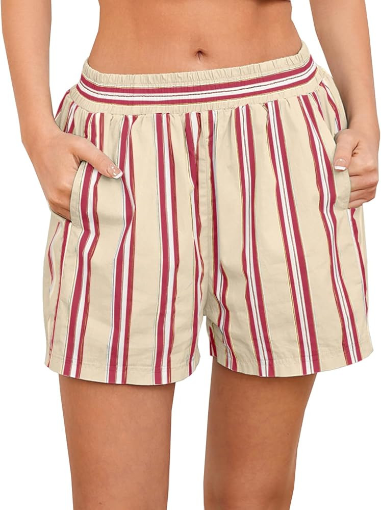 Women Striped Boxer Shorts Elastic High Rise Pajama Bottoms with Pockets Sleepwear | Amazon (US)