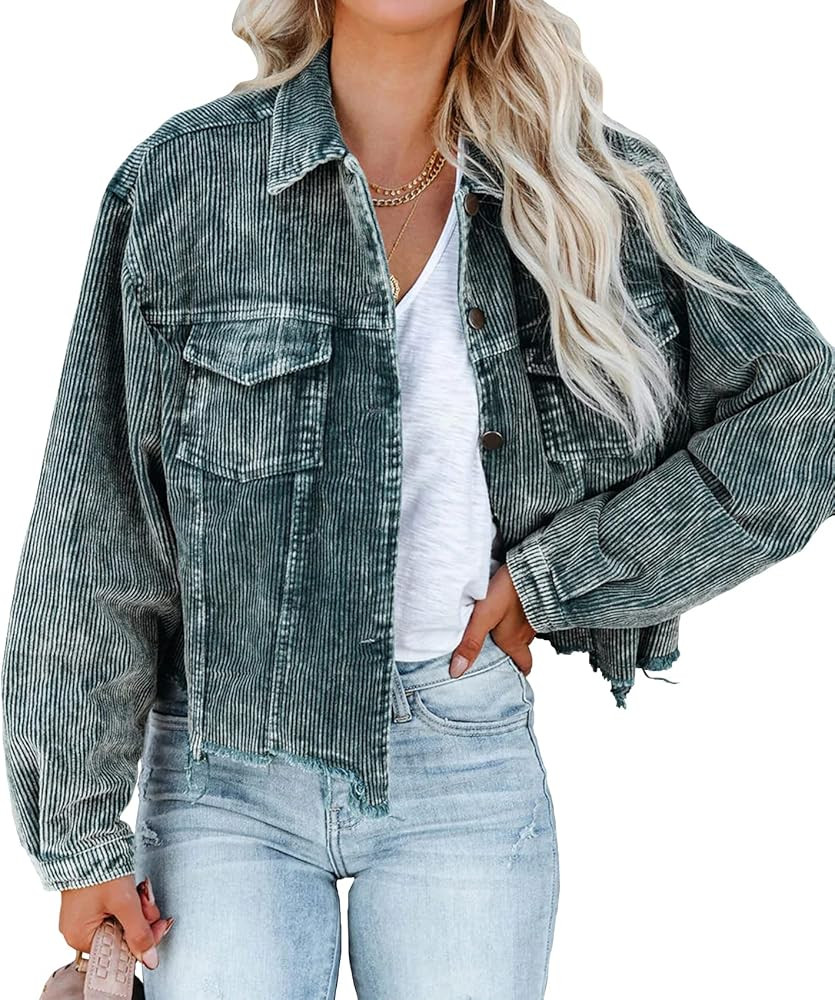 Womens Corduroy Jackets - Y2K Cropped Casual Button Down Jacket Retro Washed Frayed Hem Shacket C... | Amazon (US)