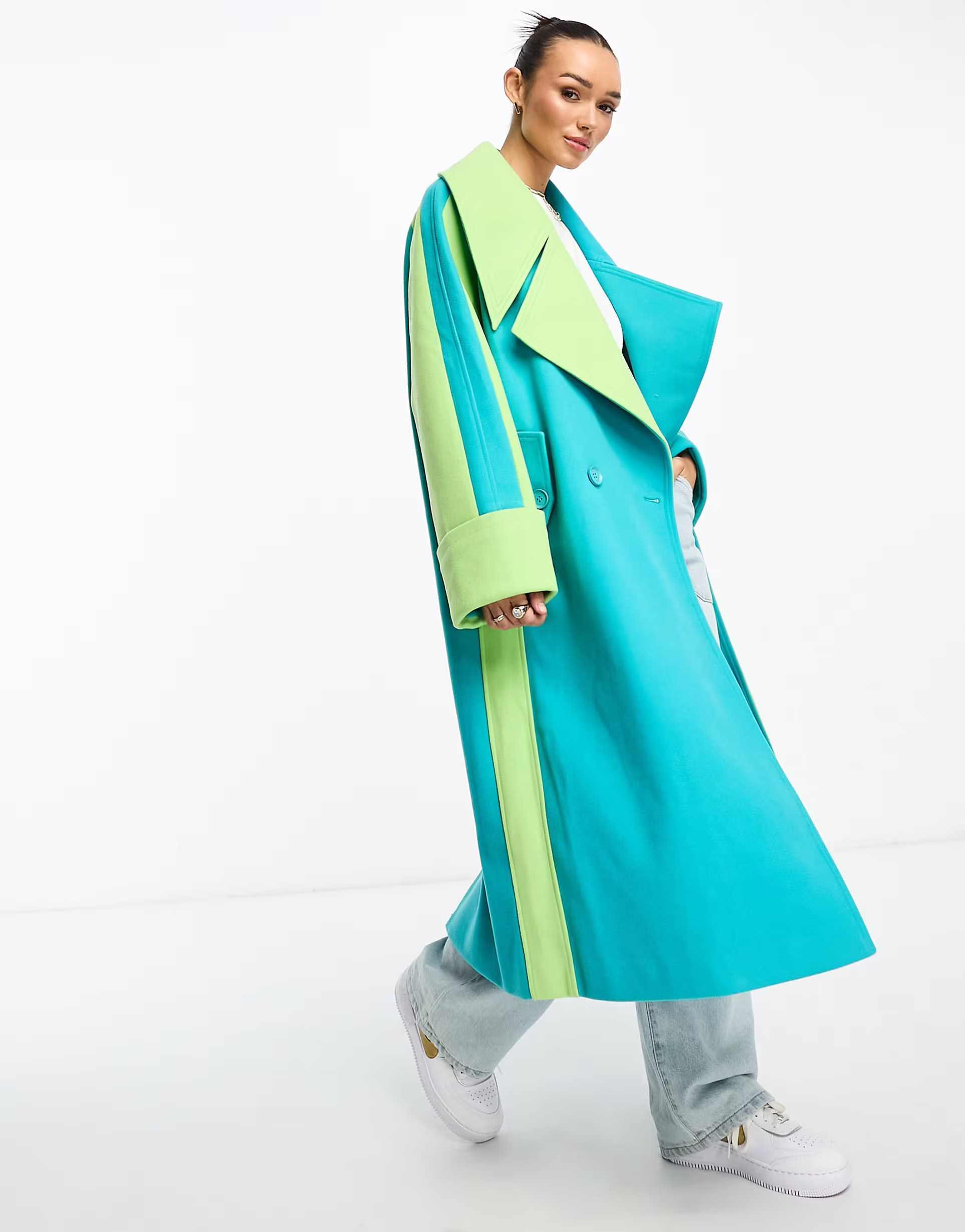Annorlunda oversized collar contrast panel coat in blue and lime | ASOS | ASOS (Global)