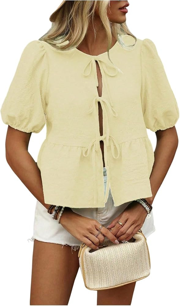 Floerns Women's Puff Sleeve Tie Front Peplum Top Crewneck Ruffle Hem Blouse Shirt Top | Amazon (US)