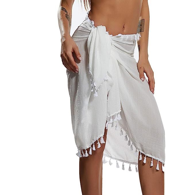 Eicolorte Beach Sarong Pareo Womens Linen Cotton Swimwear Cover Ups Short Skirt with Tassels | Amazon (US)
