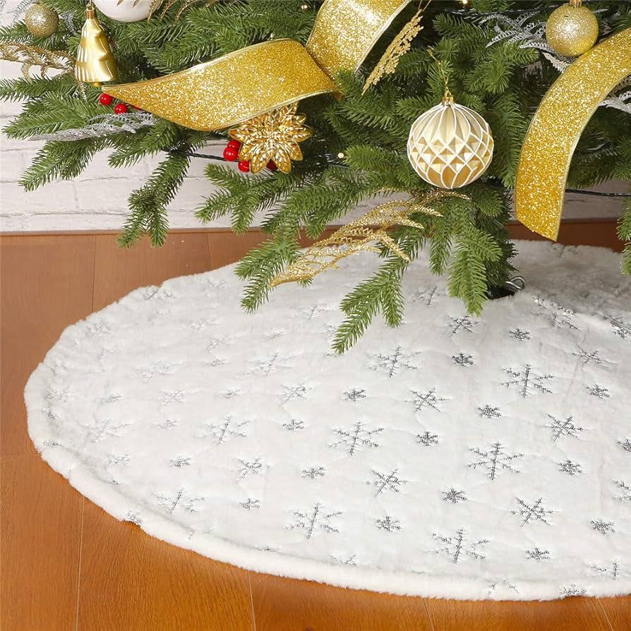 Christmas Sequin Tree Skirt 30in,White Soft Thick with Silver Snowflakes Decorations for 3FT 4FT ... | Amazon (US)