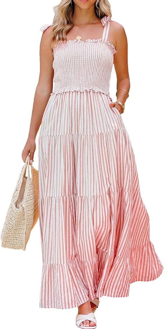 R.Vivimos Women's Summer Cotton Adjustable Straps Boho Stripe Casual Flowy A Line Midi Dress with Po | Amazon (US)