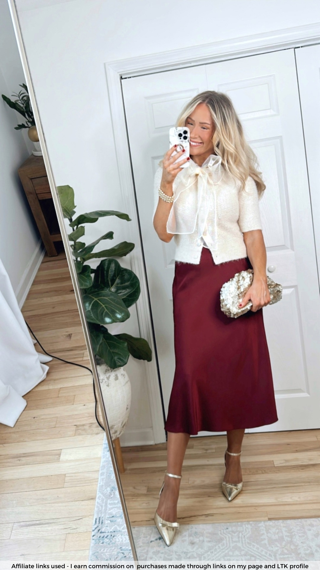 Holiday dinner outfit

Bow sweater
Burgundy slip skirt
Gold heels
Gold sequin bag
Classy party outfit 

#LTKHoliday