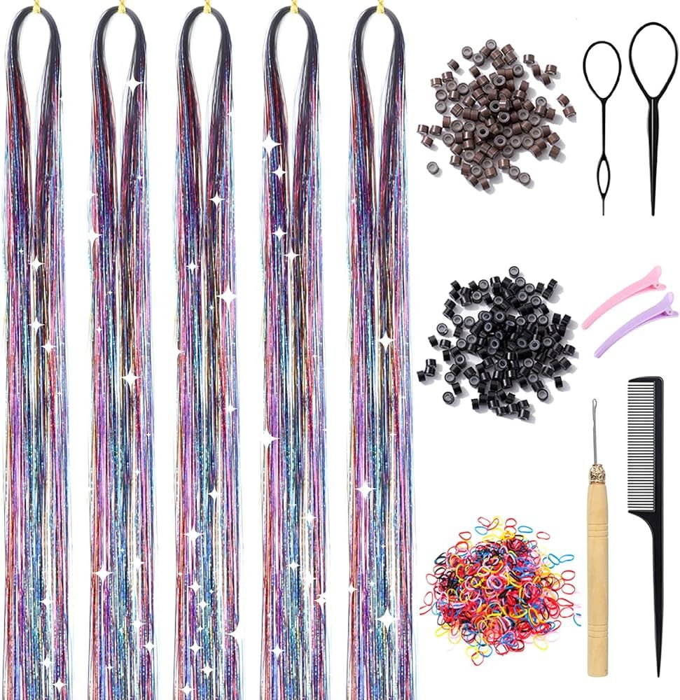 Rainbow Hair Tinsel Kit with Tools 47 Inch 1100 Strands Tinsel Hair Extensions Fairy Hair Tinsel ... | Amazon (US)