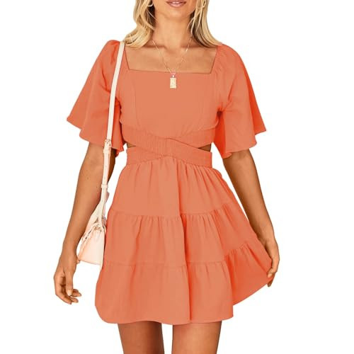 Shy Velvet Women's Summer Dress Square Neck Short Sleeves Crossover Waist Casual Party Mini Dress Orange | Amazon (US)