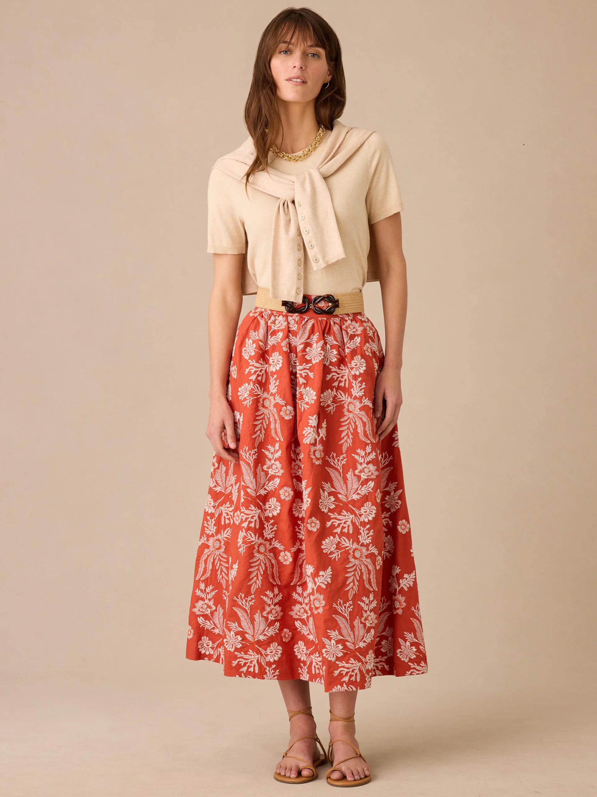Rust/Off_White Embroidery Winnie Linen Blend Skirt | Women's Skirts | J.McLaughlin | J.McLaughlin