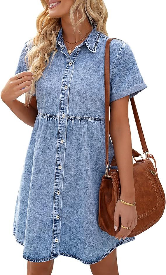 Denim Dress for Women Babydoll Flowy Tiered Jean Dress Short Sleeve Button Down Dresses | Amazon (US)