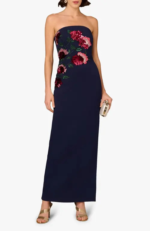 Aidan Mattox Bead Embellished Strapless Column Gown in Navy at Nordstrom, Size 14 | Nordstrom