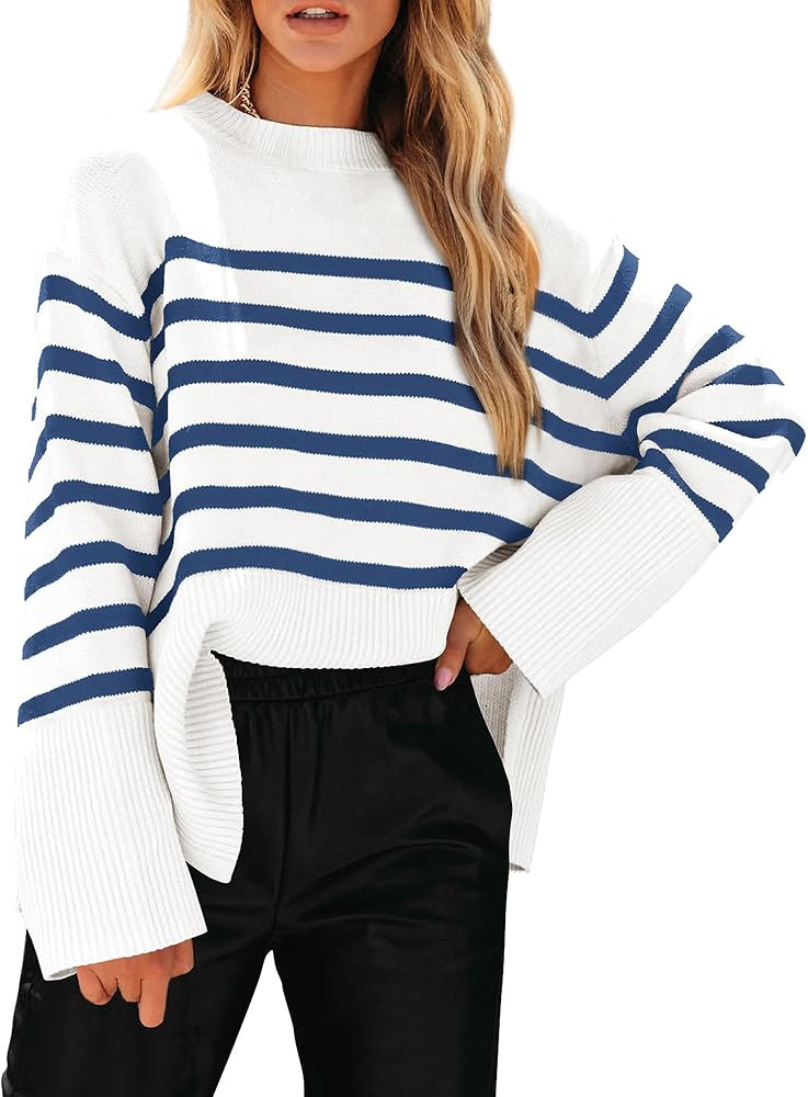 PRETTYGARDEN Women's 2024 Fall Striped Sweater Oversized Long Sleeve Crew Neck Side Slit Casual T... | Amazon (US)