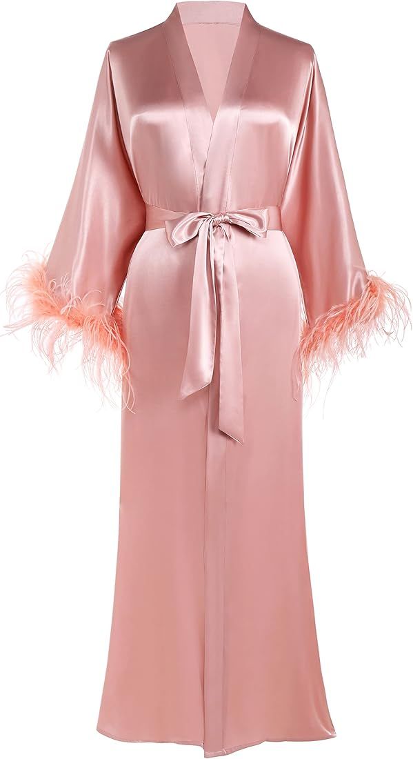 PRODESIGN Satin Kimono Robe Long Bath Robe with Ostrich Feather Trim Sleepwear Wedding Bridesmaid... | Amazon (US)