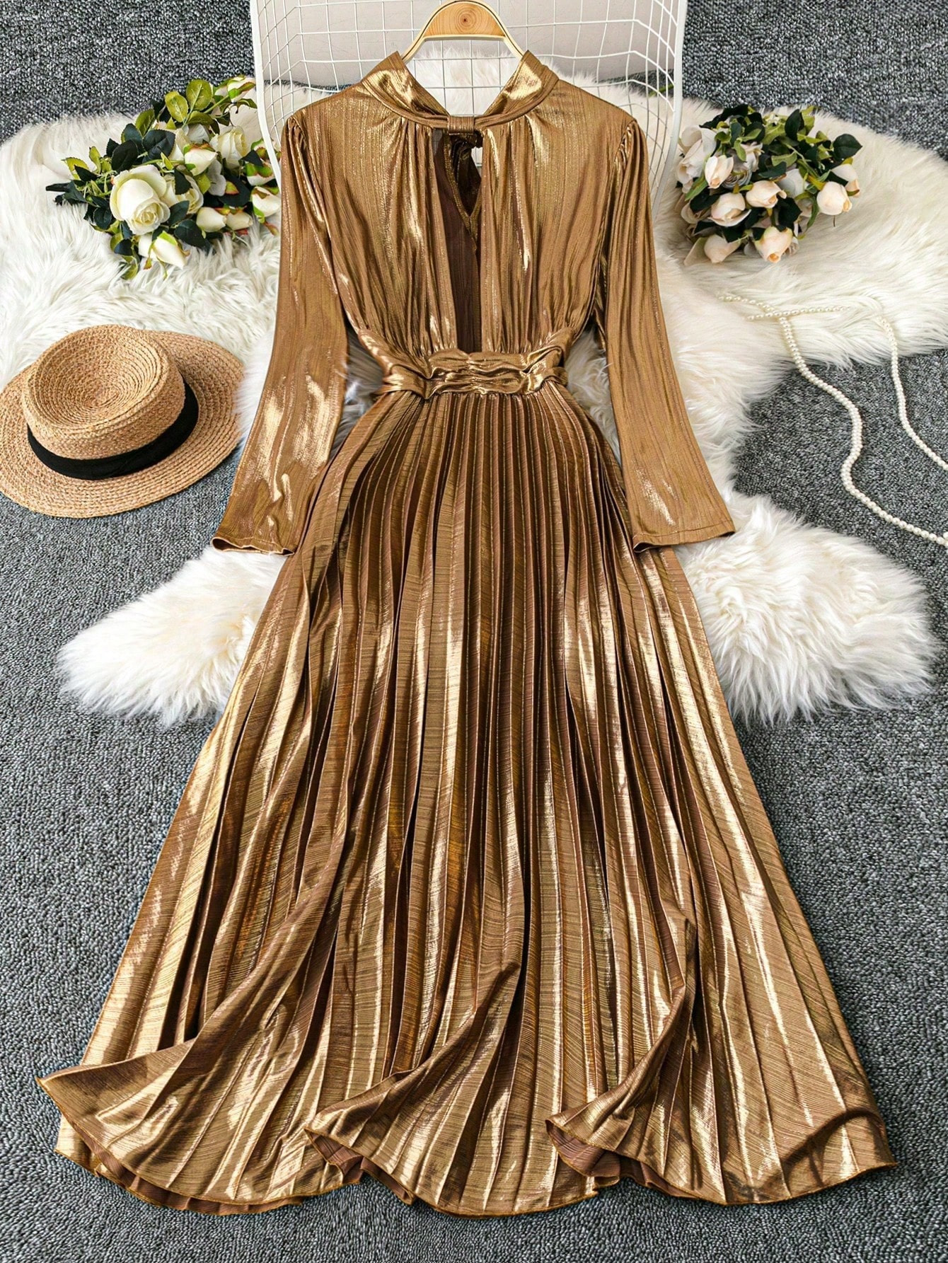 DreamSkyne Plus Size Solid Color Pleated Hollow Sexy Long Sleeve Dress For New Year Holiday Party... | SHEIN