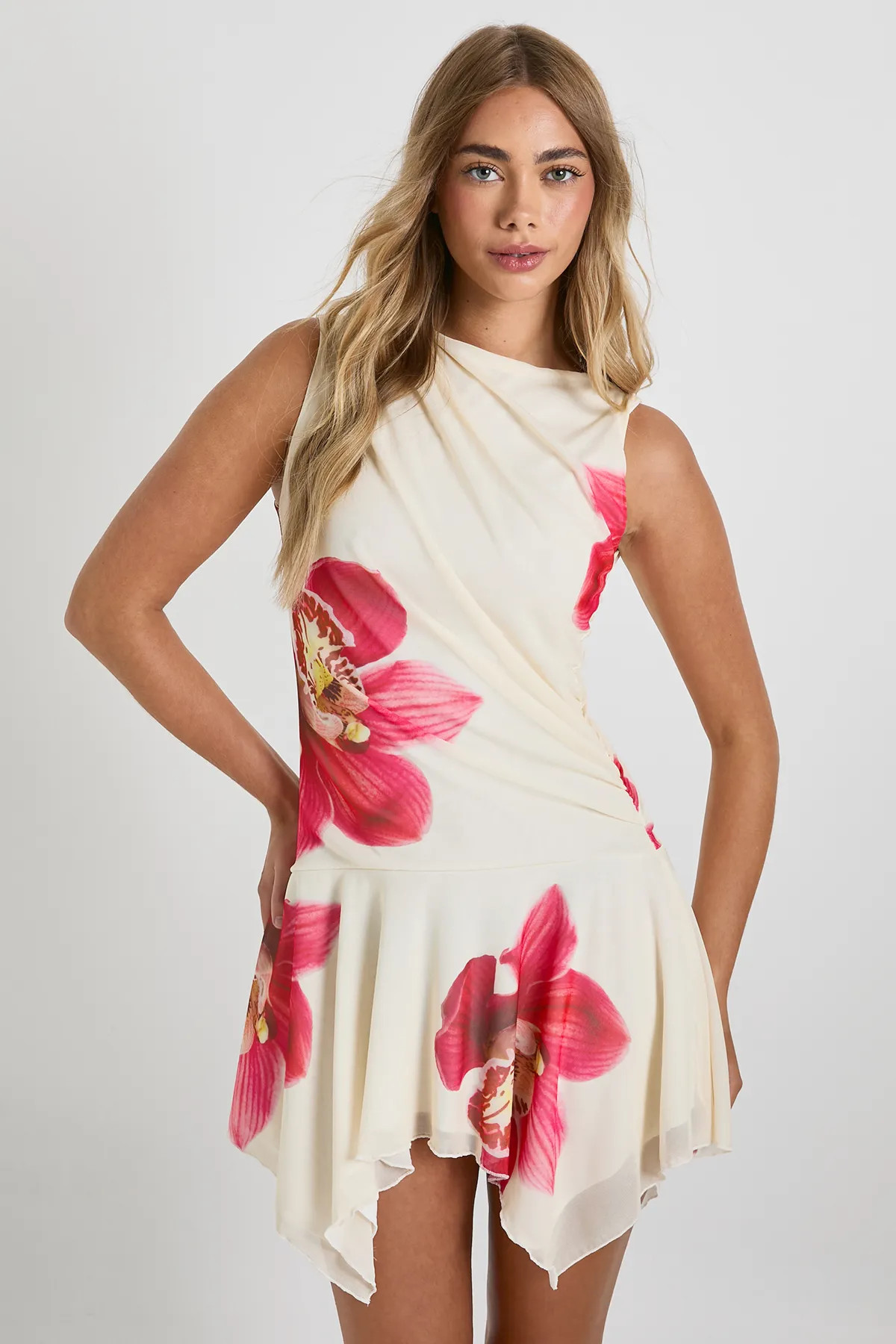 Floral Mesh Ruched Detail Skater Mini Dress | boohoo (US & Canada)