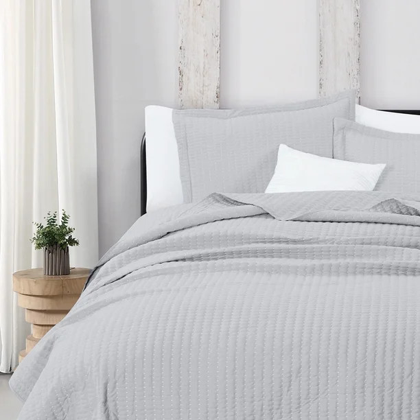 Great Bay Home Detailed Channel Stitch All-Season Reversible Quilt Set With Shams  (King, Light G... | Walmart (US)