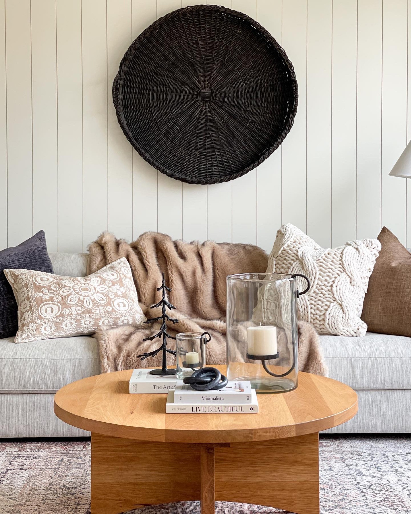 Living room, interior design, decor, holiday decor, winter, shiplap, round coffee table, Pottery Barn, Poly & Bark, McGee and Co, Studio McGee, faux fur, textured pillows 

#LTKSeasonal #LTKHoliday #LTKhome
