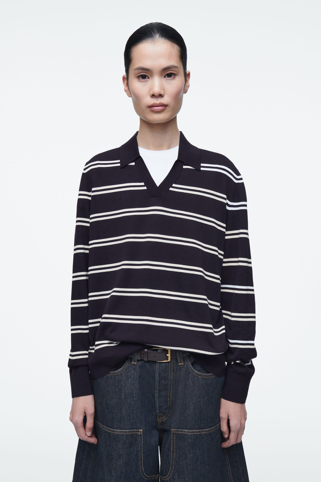 KNITTED SILK POLO SHIRT - NAVY / STRIPED | COS AU | COS (AU)