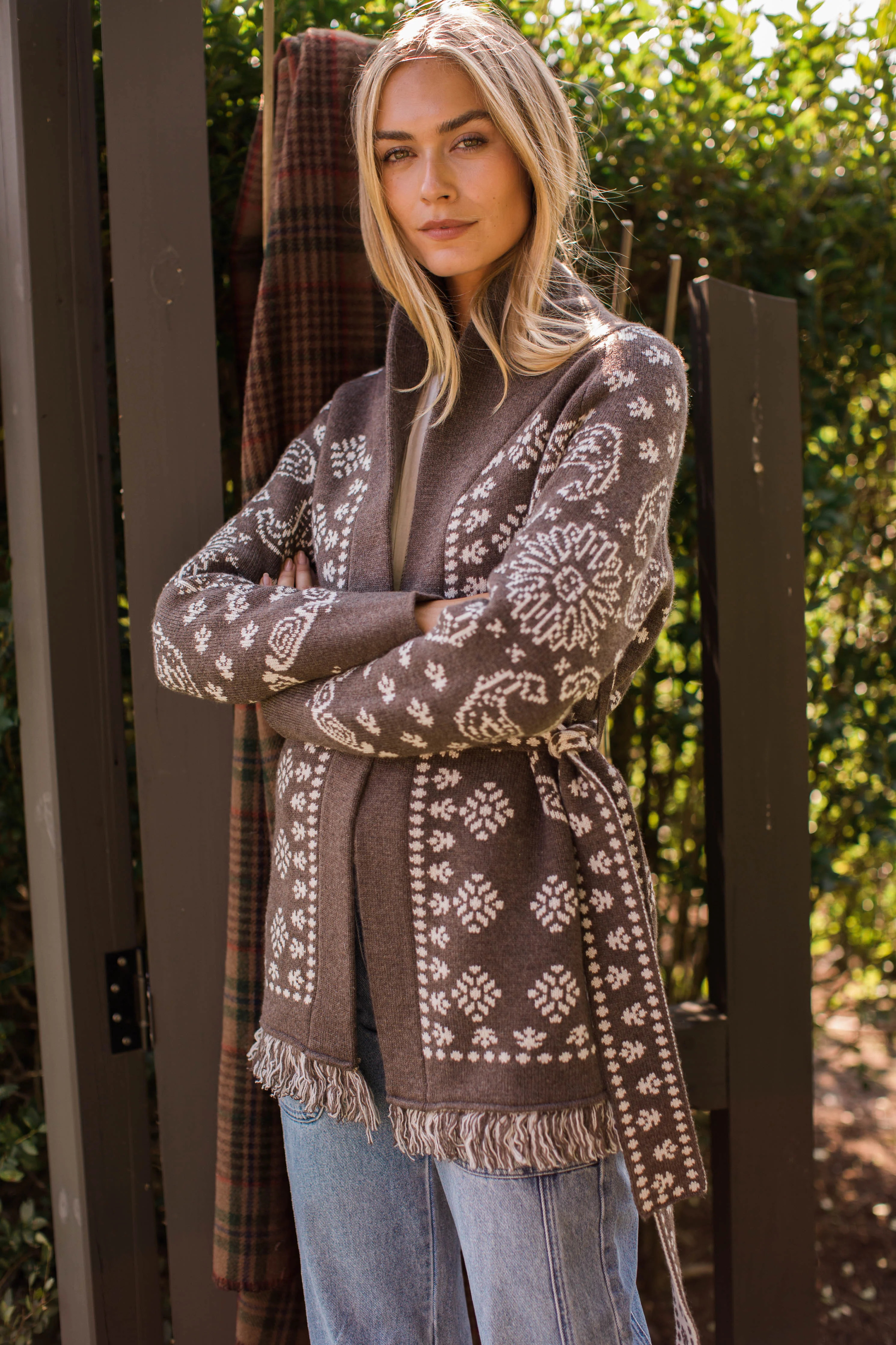 Marea Shawl Cardigan in Bandana Fringe - Taupe | Marea