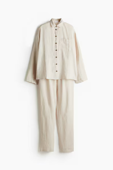 H & M - Washed Linen Pajamas - Beige | H&M (US + CA)