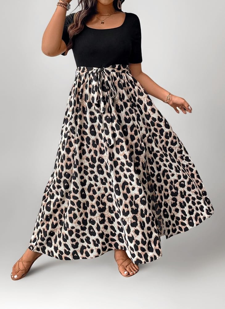 SweatyRocks Damen Kleid Gro\u00dfe Gr\u00f6\u00dfen Leopardenmuster Kleider Langes Sommerkleid Ku... | Amazon (DE)