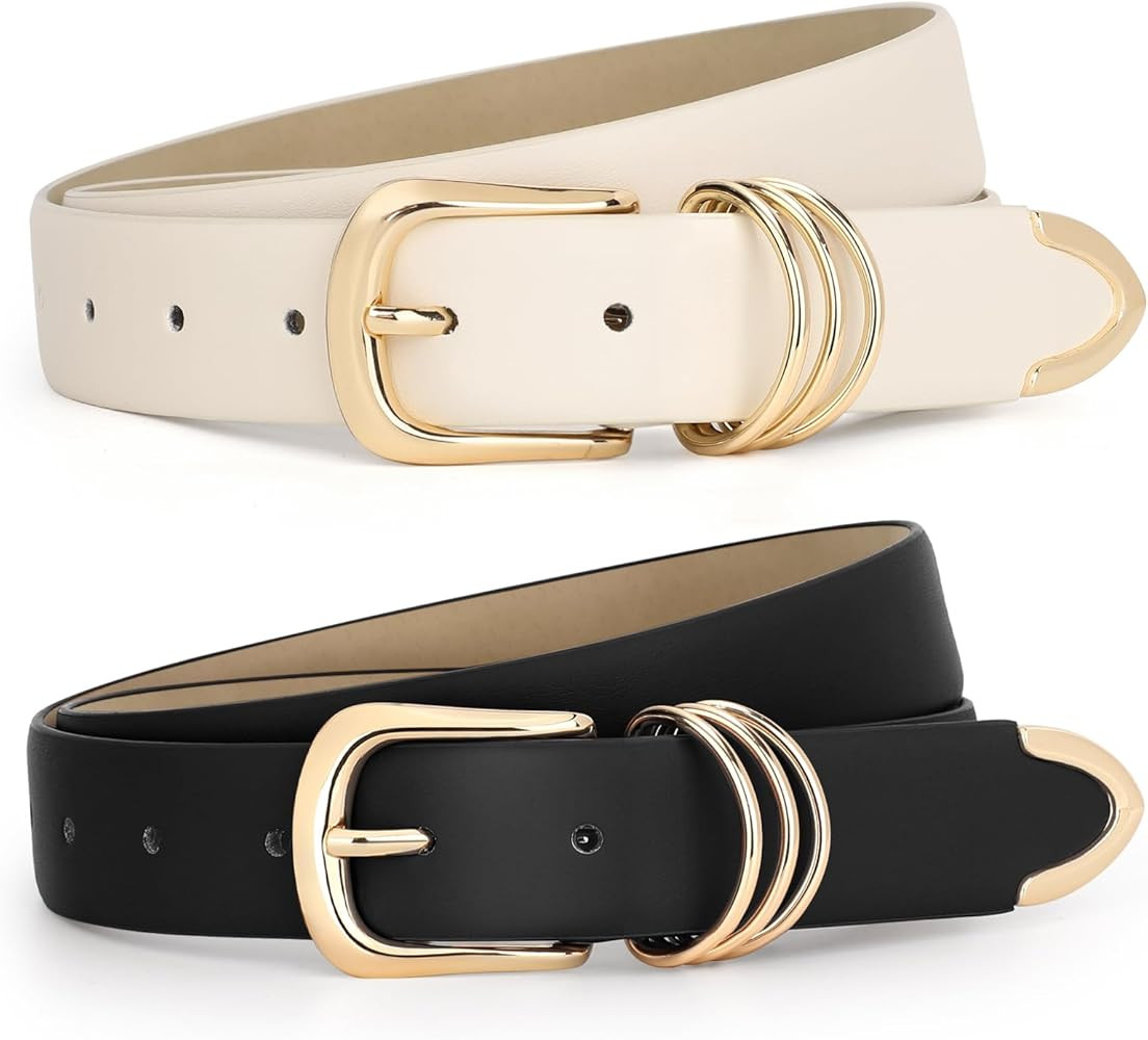 JASGOOD 2 Pack Women Leather Belt for Jeans Pants Dress Fashion Gold Buckle Ladies PU Leather Bel... | Amazon (US)