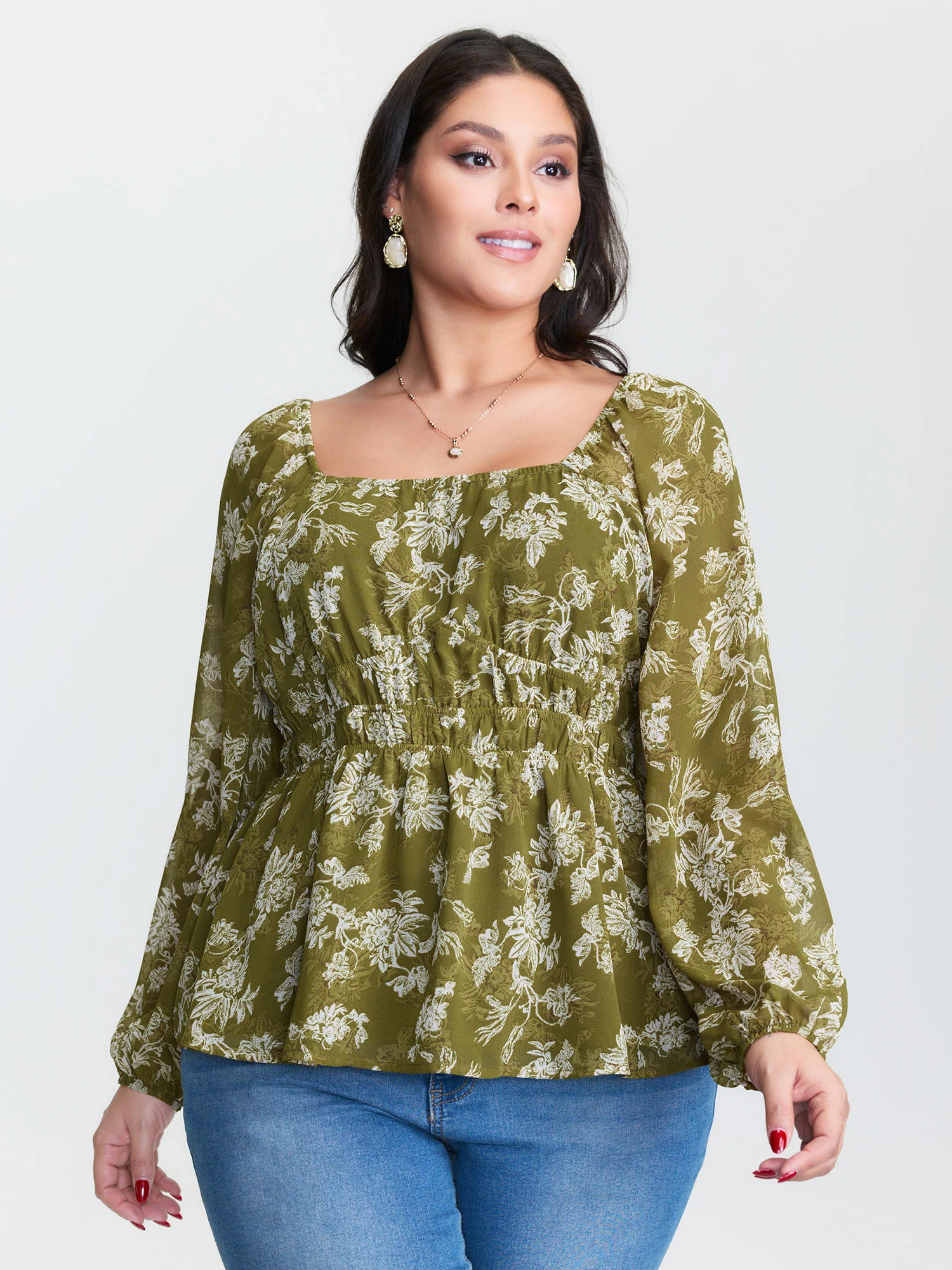 Monochrome Floral Print Shirred Waist Blouse | Bloomchic