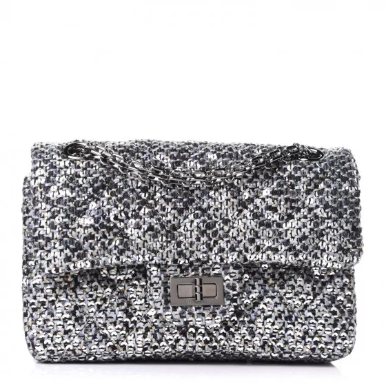 CHANEL Tweed Quilted Mini Rectangular Flap Gold Blue, FASHIONPHILE