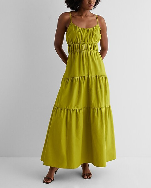 Scoop Neck Pleated Tiered Poplin Maxi Dress | Express