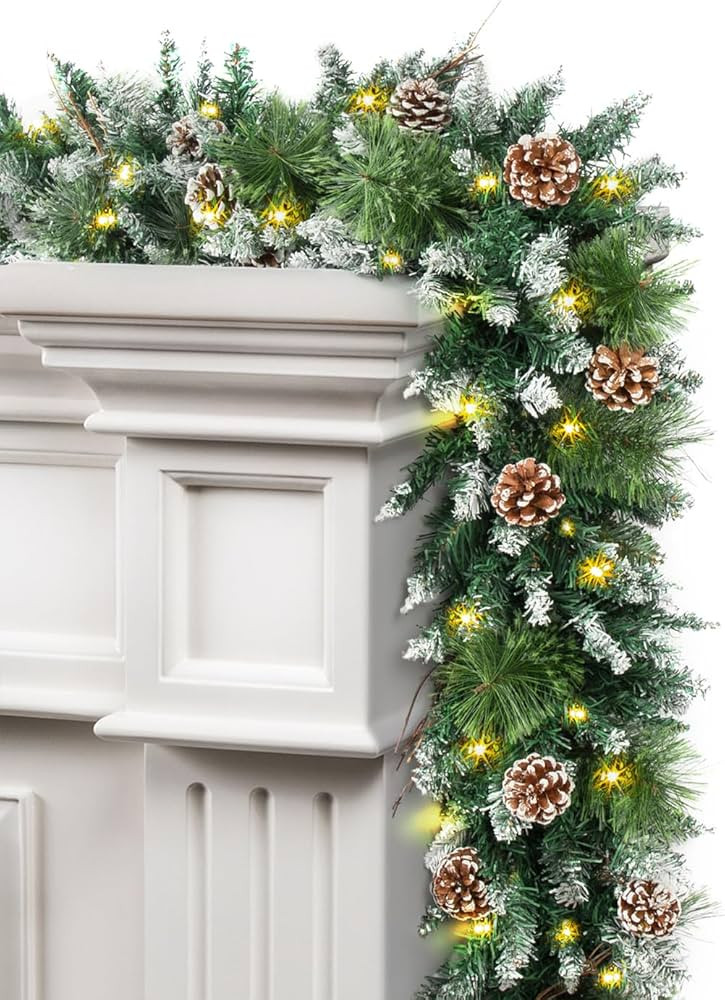 9 ft Prelit Christmas Garlands with 100 Lights Battery Operated Timer 8 Modes, Faux Snow-Kissed Pine Garland Christmas Decorations for Mantle, Stairs, Fireplace, with Pine Cones Dried Branches | Amazon (US)