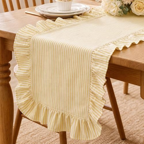 Windkream Yellow Stripe Ruffled Table Runner 72 Inches Long Scalloped Table Runner Rustic Cotton Tabletop Farmhouse Decor for Baby Shower Bride Shower Birthday Party Holiday Wedding | Amazon (US)