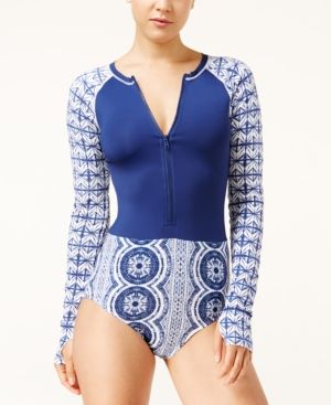 Roxy Visual Touch Long-Sleeve Printed One-Piece Swimsuit Women's Swimsuit | Macys (US)