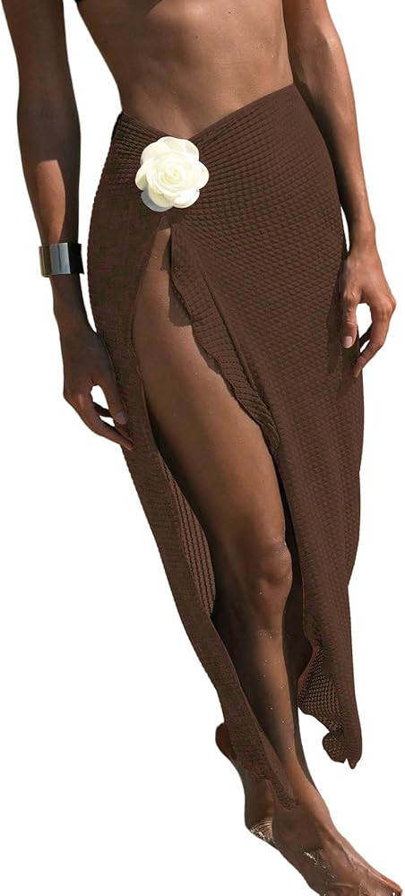 Women's Beach Cover Up Skirt 3D Flower Crochet Out High Split Swimsuit Bathing Suit Beach Skirt | Amazon (US)