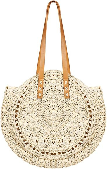 Round Straw Bag Large Woven Summer Beach Tote Handbags Handle Shoulder Bag for Women Vacation | Amazon (US)
