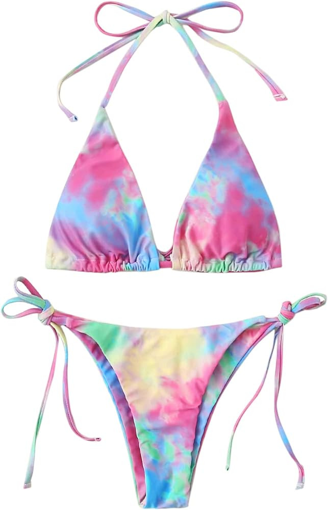 SweatyRocks Women's Sexy Bathing Suits Halter Bikini Top Tie Dye Two Piece Swimsuits | Amazon (US)