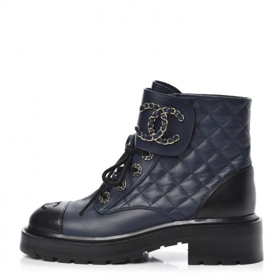 CHANEL

Shiny Goatskin Calfskin Quilted Lace Up Combat Boots 35.5 Navy Black | Fashionphile