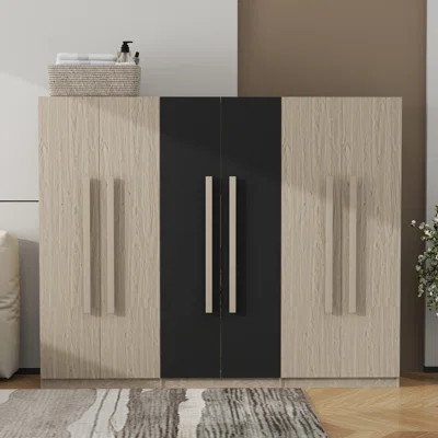 Wooden 6-Door Wardrobe with 4 Drawers, Bedroom Closet Armoire with Hanging Rods & Shelves,White+Nature | Wayfair North America