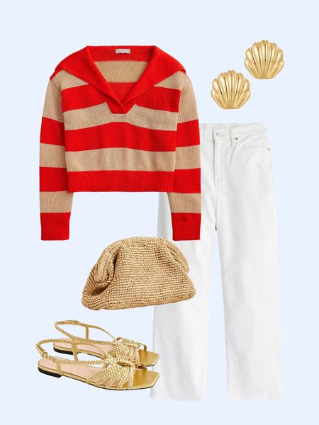 Love this red striped sailor pullover sweater and white wide leg jeans, raffia clutch, gold sandals, shell earrings

#LTKstyletip #LTKsalealert #LTKfindsunder100