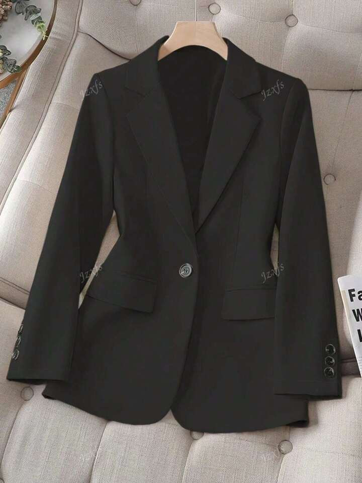 Women's Solid Color Notched Collar Long Sleeve Single Button Casual Commuter Blazer Jacket For Au... | SHEIN