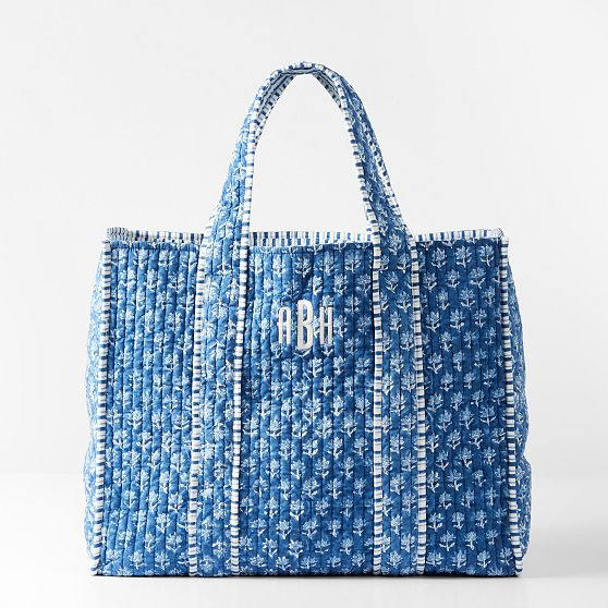 Block Print Quilted Oversized Tote, Blue Flower | Mark and Graham