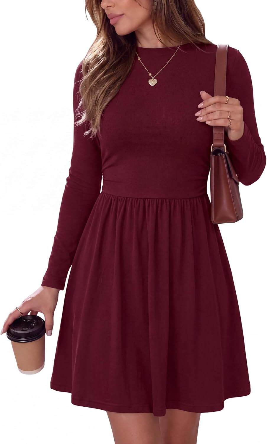 BTFBM Long Sleeve Dresses for Women Mock Neck A Line Flowy Mini Dress | Amazon (US)