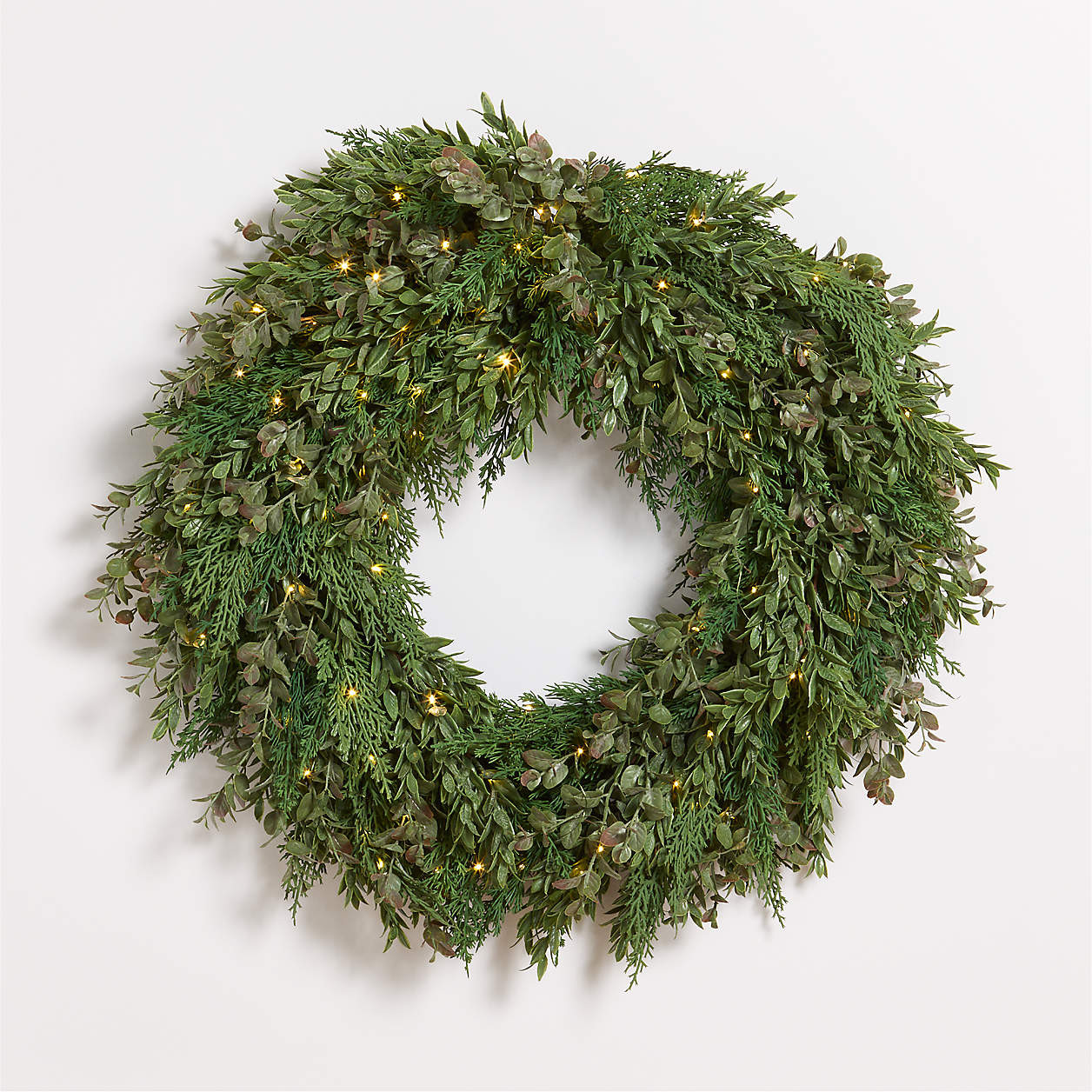 Faux Pre-Lit Cedar & Boxwood Wreath 28" | Crate & Barrel | Crate & Barrel